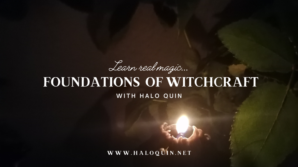Lit candle in dark through rose leaves with text: Learn Real Magic - Foundations of Witchcraft with Halo Quin