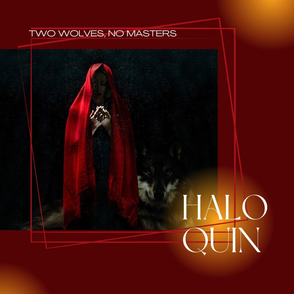 Two Wolves No Masters Album cover - red background with a shadowy figure in a red hood, a wolf watching calmly from behind them in the background